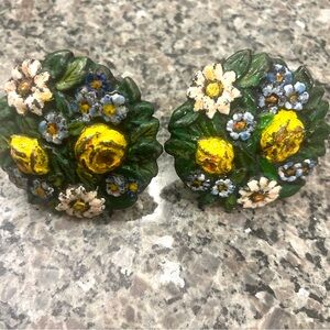 1950s Vintage Cast Iron Hand Painted Floral Curtain Tie BacksCabinet Pulls